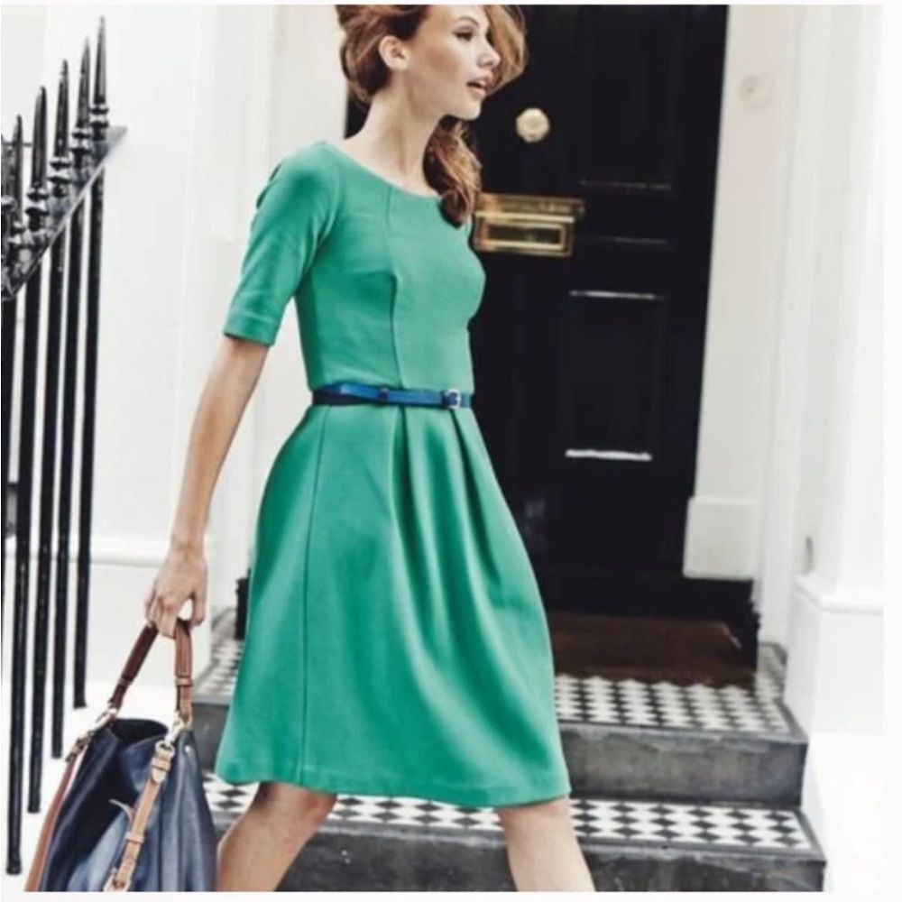 Boden Lindsey Green Texture Cotton Stretch Pointe 1/2 Sleeve‎ Midi Pleated Dress